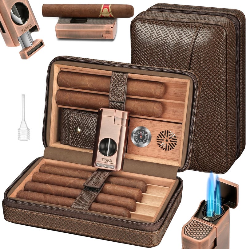 TISFA Cigar Travel Humidor for Cigars Portable Cigar Humidor with All in one Cigar Torch Lighter, Cigar Humidifier, Hygrometer, Cigar Accessories Gift Set, Cedar Wood Lined Cigar Case (Textured Brown) - Image 1